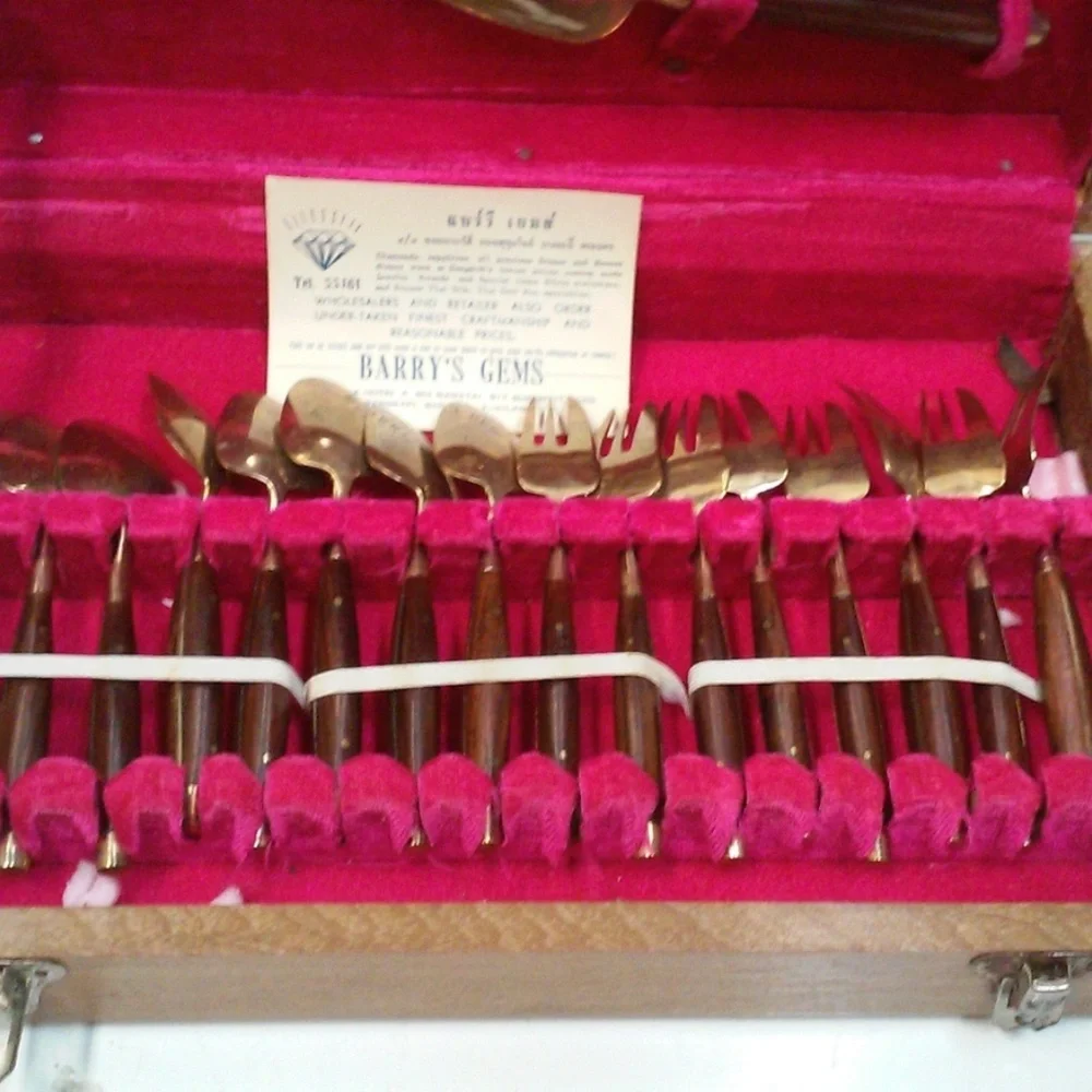 Vintage Brass Rosewood Flatware Appetizer Forks Dessert Spoons Serving Pieces